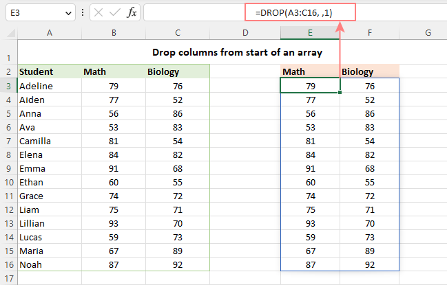 Función DROP de Excel para eliminar ciertas filas o columnas de la matriz