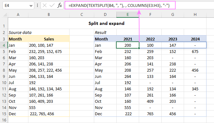 Función EXPAND de Excel para extender la matriz a dimensiones especificadas