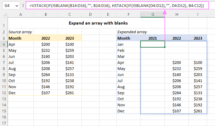 Función EXPAND de Excel para extender la matriz a dimensiones especificadas