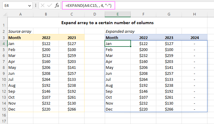 Función EXPAND de Excel para extender la matriz a dimensiones especificadas