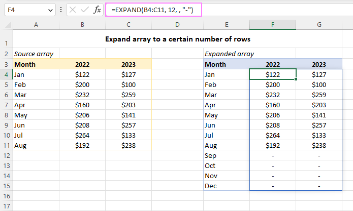 Función EXPAND de Excel para extender la matriz a dimensiones especificadas