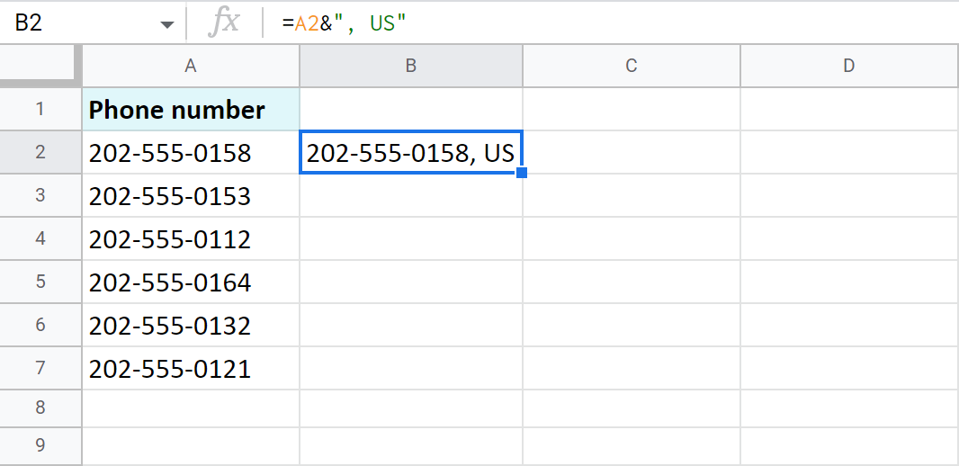 Agregue el mismo texto en Google Sheets en una determinada posición de varias celdas a la vez