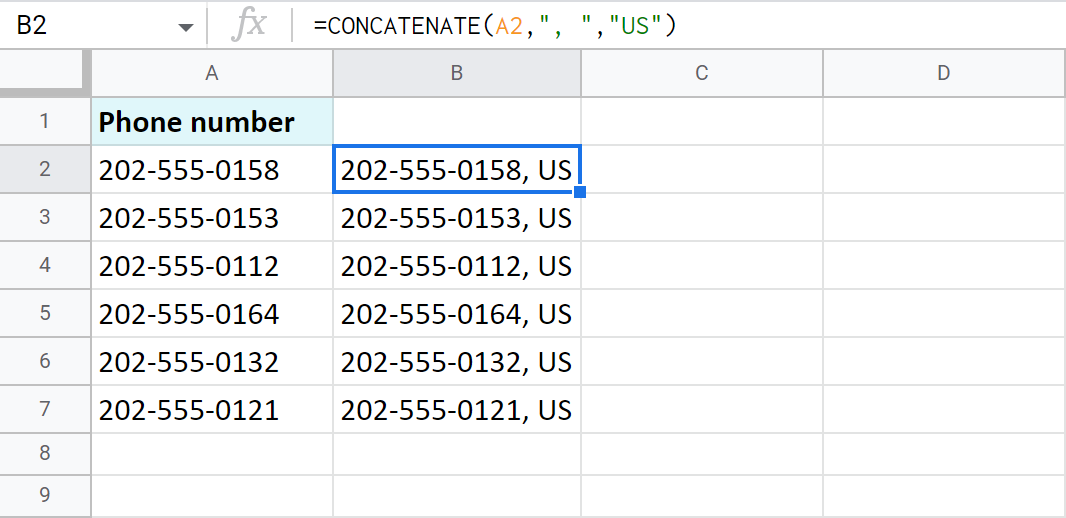 Agregue el mismo texto en Google Sheets en una determinada posición de varias celdas a la vez
