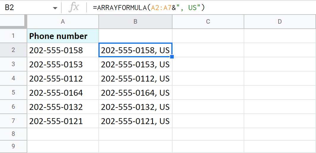 Agregue el mismo texto en Google Sheets en una determinada posición de varias celdas a la vez