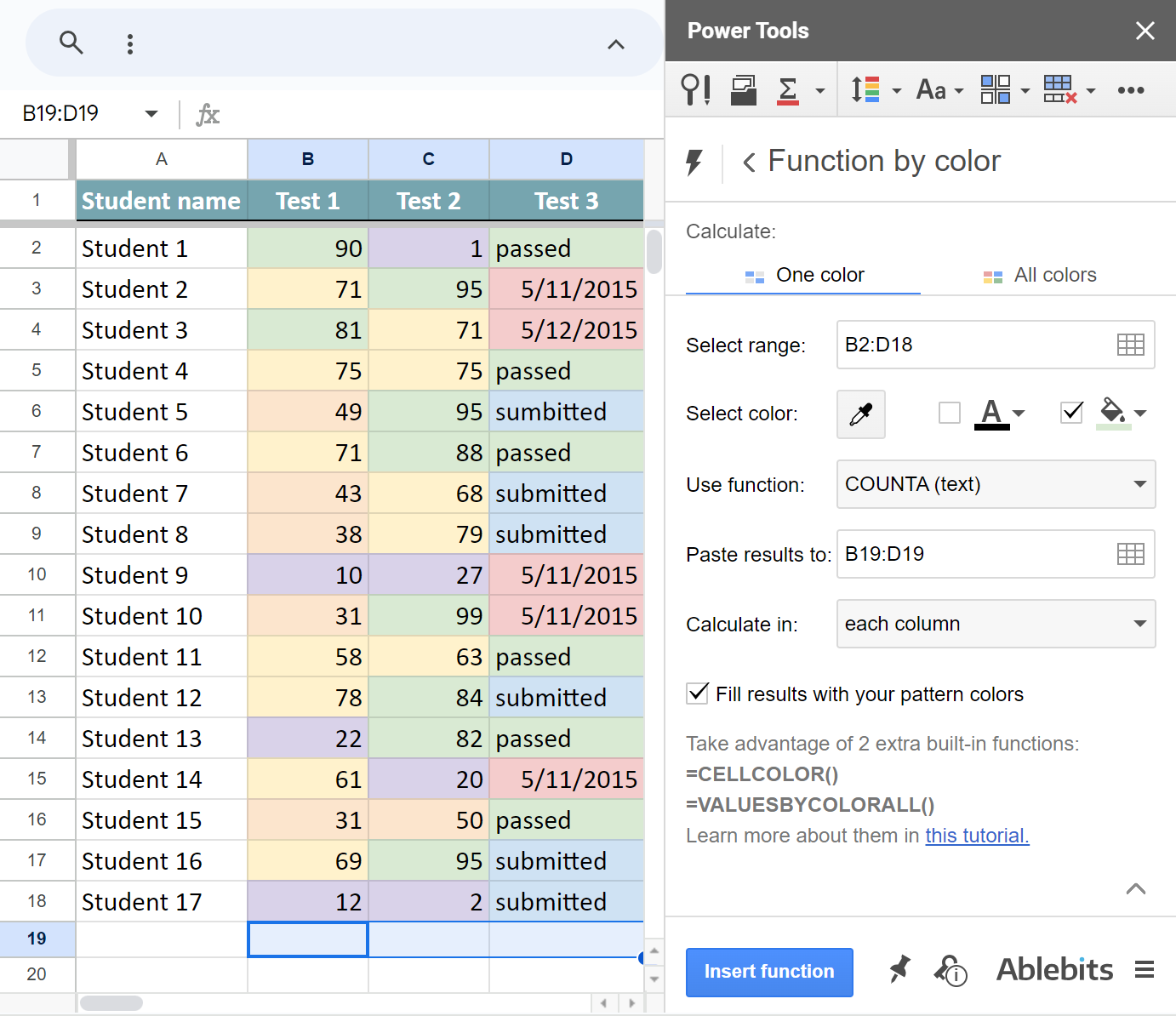 Contar celdas por color en Google Sheets