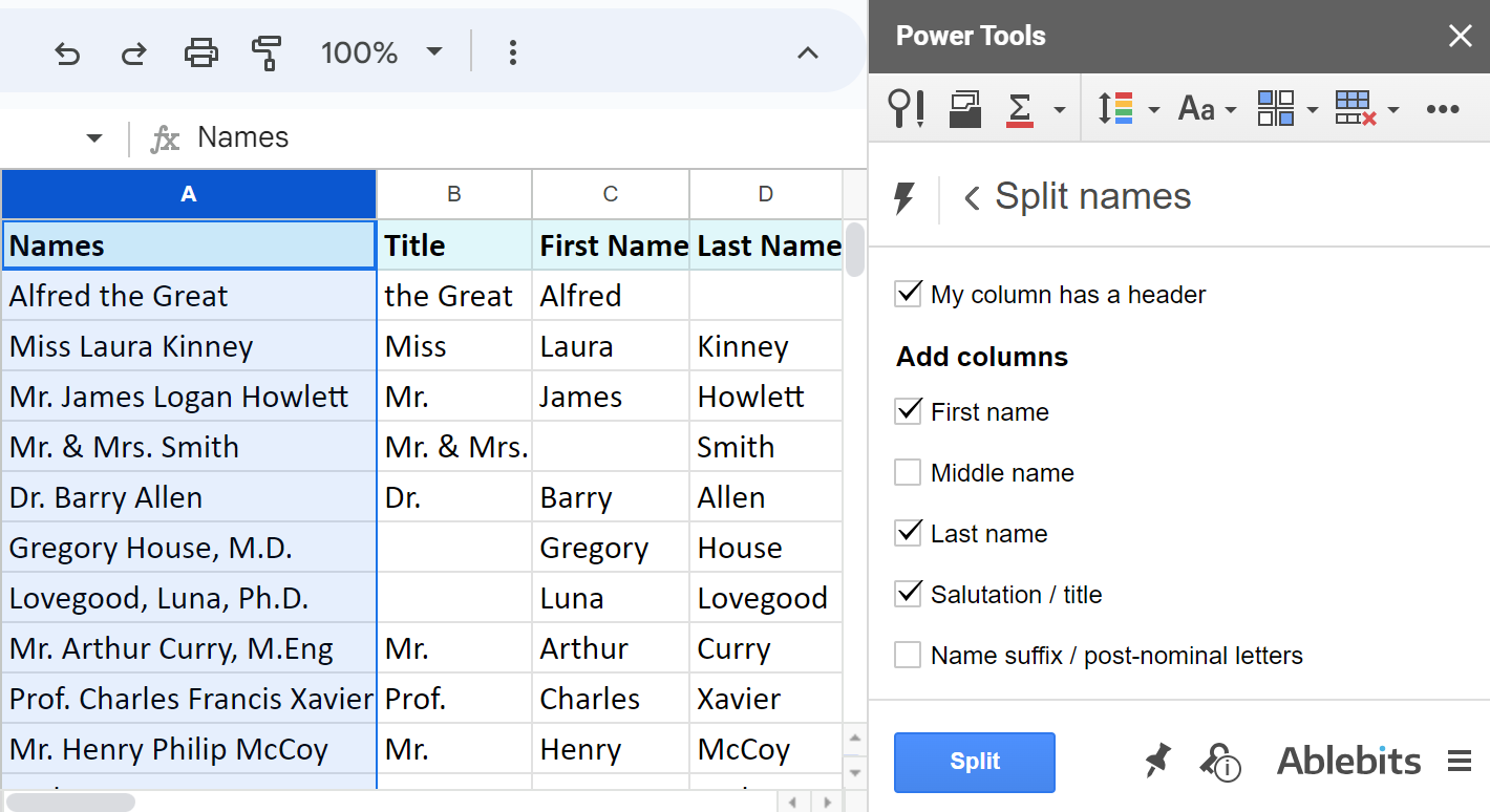 Dividir celdas en Google Sheets en varias columnas