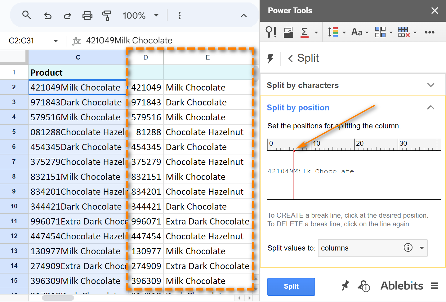 Dividir celdas en Google Sheets en varias columnas