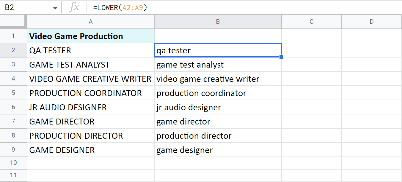 Cambiar mayúsculas y minúsculas del texto en Google Sheets Cambiar mayúsculas y minúsculas del texto en Google Sheets