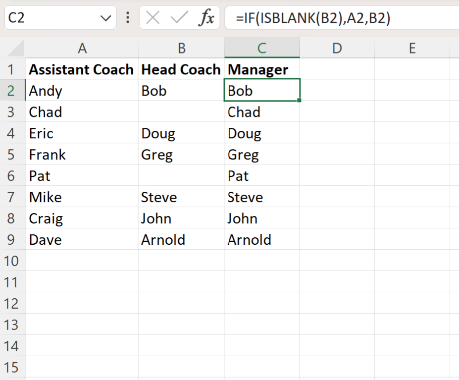 Fórmula de Excel: si está en blanco, devuelva el valor de otra celda