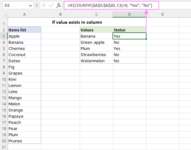 Compruebe si el valor existe dentro del rango en Excel y Google Sheets
