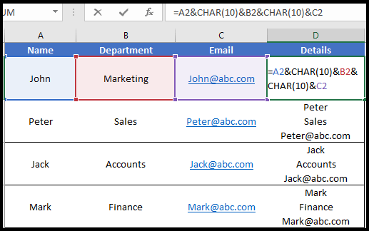 Concatenar con un SALTO DE LÍNEA en Excel