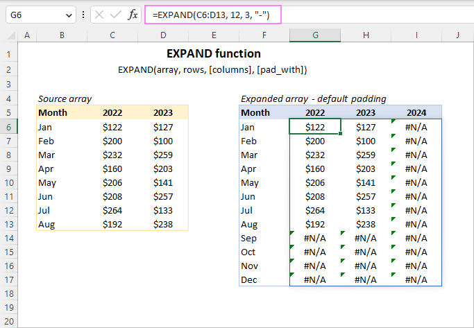 Función EXPAND de Excel para extender la matriz a dimensiones especificadas