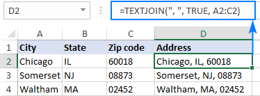 Función TEXTJOIN en Excel para fusionar texto de varias celdas