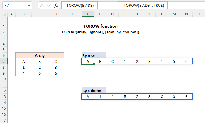 Función TOROW de Excel para transformar rango o matriz en fila