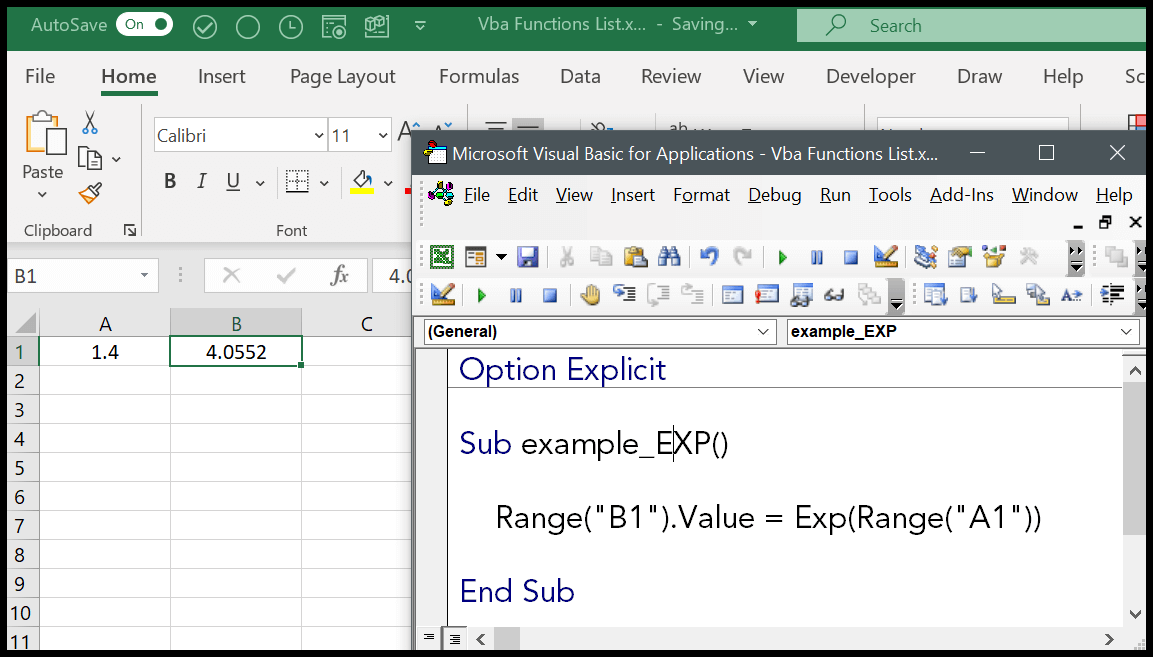 Función VBA EXP (sintaxis + ejemplo)