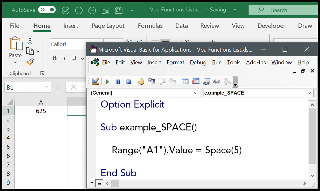 Función VBA SPACE (Sintaxis + Ejemplo)