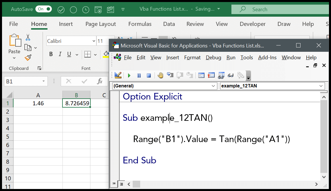 Función VBA TAN (sintaxis + ejemplo)