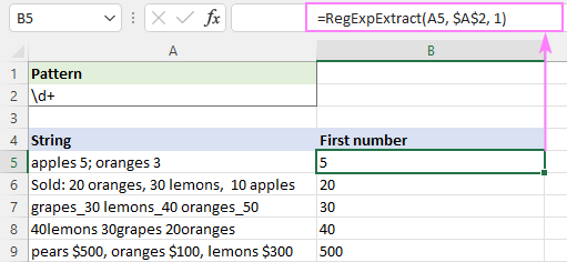 Regex para extraer cadenas en Excel (una o todas las coincidencias)