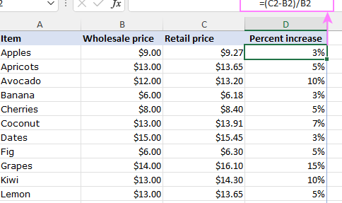 Fórmula de cambio porcentual de Excel: calcular el aumento/disminución porcentual