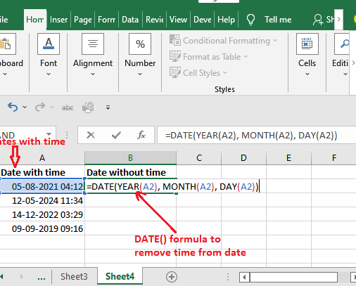 Cómo eliminar la hora de la fecha en Excel - javatpoint