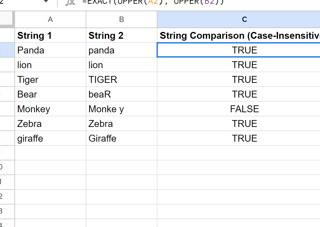 Cómo comparar cadenas en Google Sheets (con ejemplo)