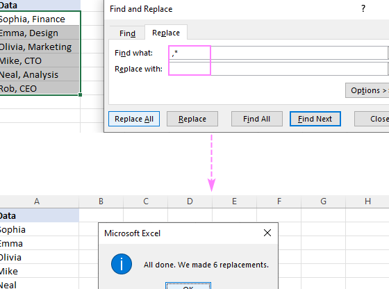 Eliminar texto antes, después o entre dos caracteres en Excel