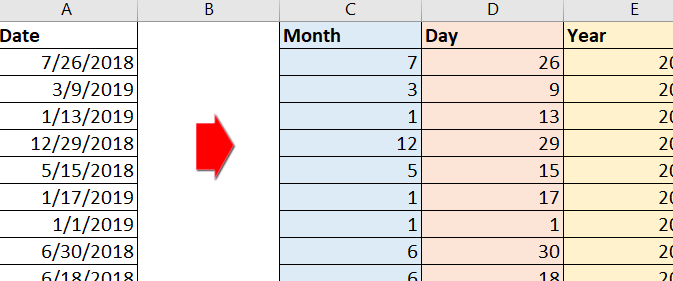 ¿Cómo dividir rápidamente la fecha en día, mes y año separados en Excel?