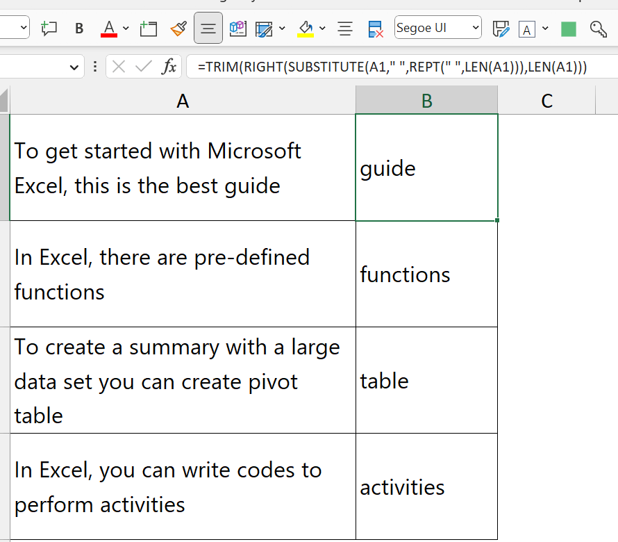Cómo extraer la última palabra de una celda en Excel (fórmula)