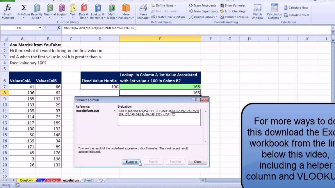 Truco 150 de Mr Excel y excelisfun: busque el primer elemento cuando otra columna contenga más de 100
