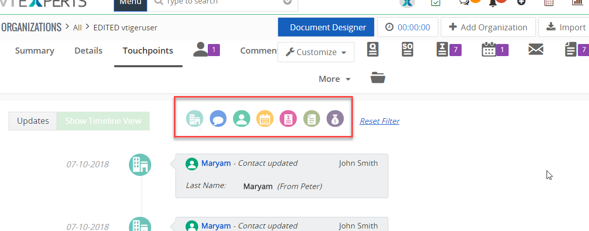 Los filtros se agregan en la línea de tiempo/resumen del registro completo...