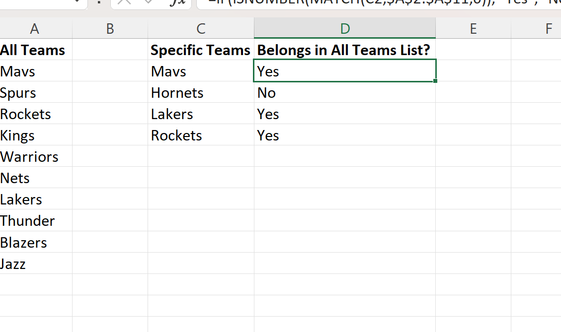 Fórmula de Excel: si coincide, devuelva Sí o No