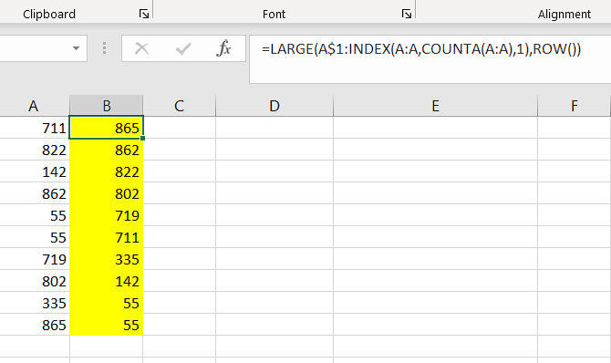 función - Excel ordena automáticamente la columna de números