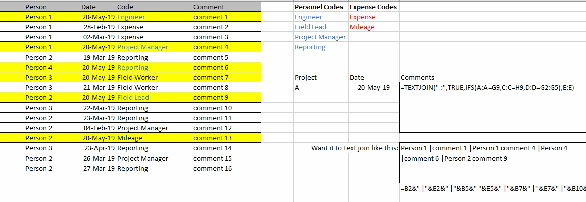 excel - TEXTJOIN basado en múltiples columnas y múltiples IF...