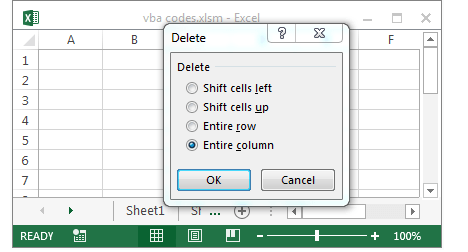 VBA Eliminar columnas desplazar hacia la izquierda Código de ejemplo de macro de Excel