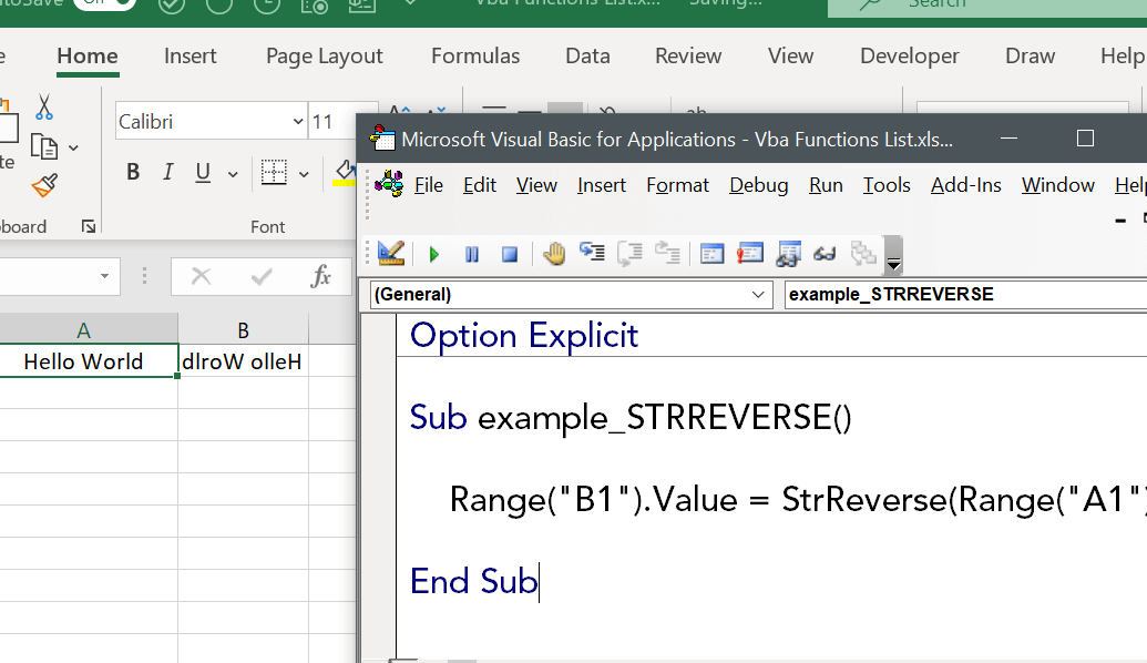 Función VBA STRREVERSE (Sintaxis + Ejemplo)