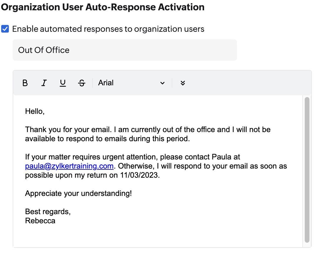 Configuración de mensajes fuera de la oficina - Zoho Mail
