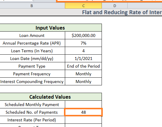 Calculadora de reducción de tasa de interés con Flat en Excel - javatpoint